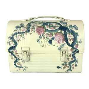 Vintage Thermos Metal Lunch Box Hand-Painted Pink Roses & Blue Ribbons Domed Lid